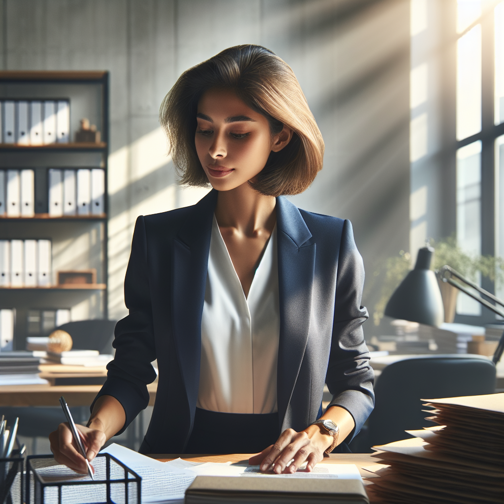 A professional organizer working in a neat and organized office, sorting through documents.