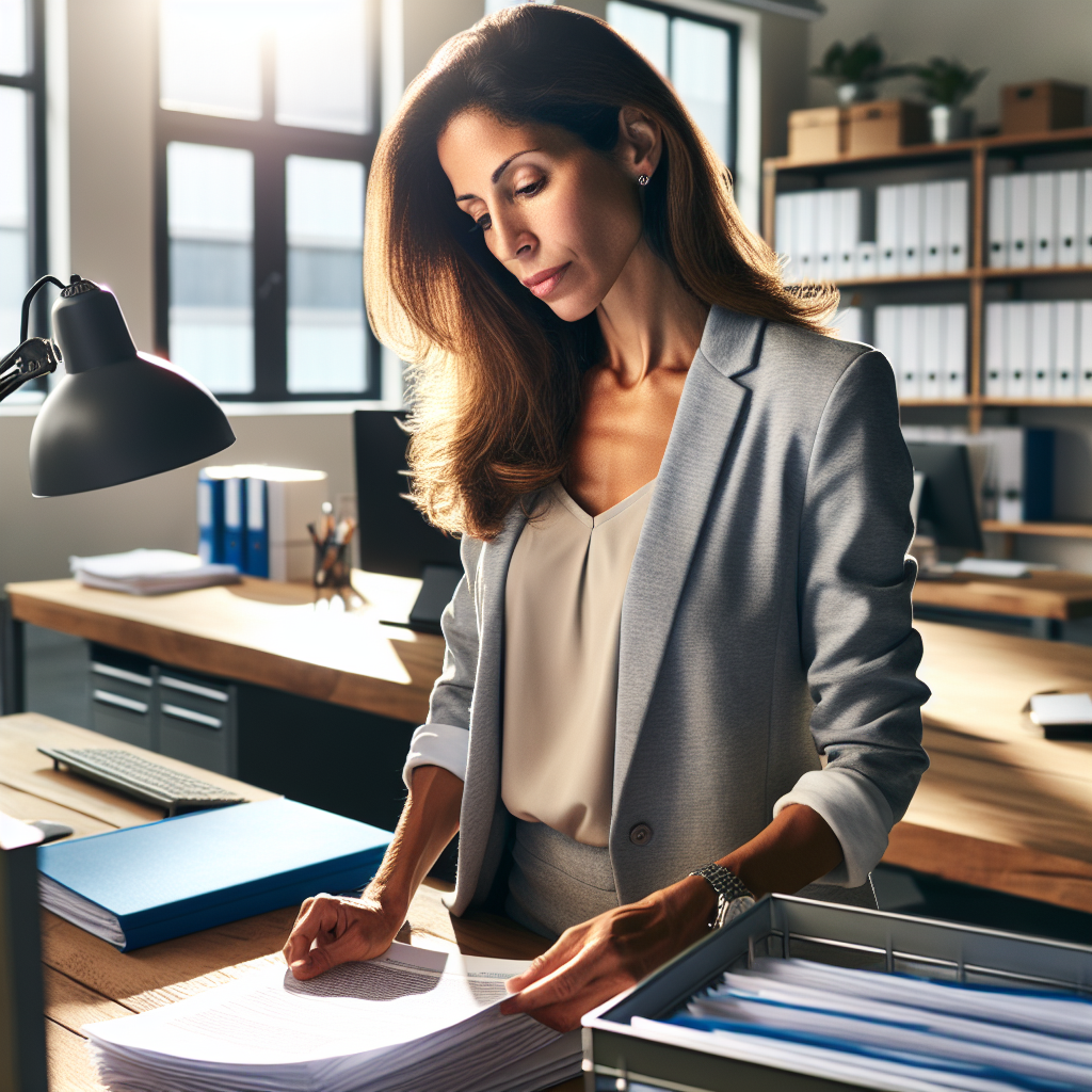 A professional organizer working in a well-organized office, sorting through papers with a focused expression.