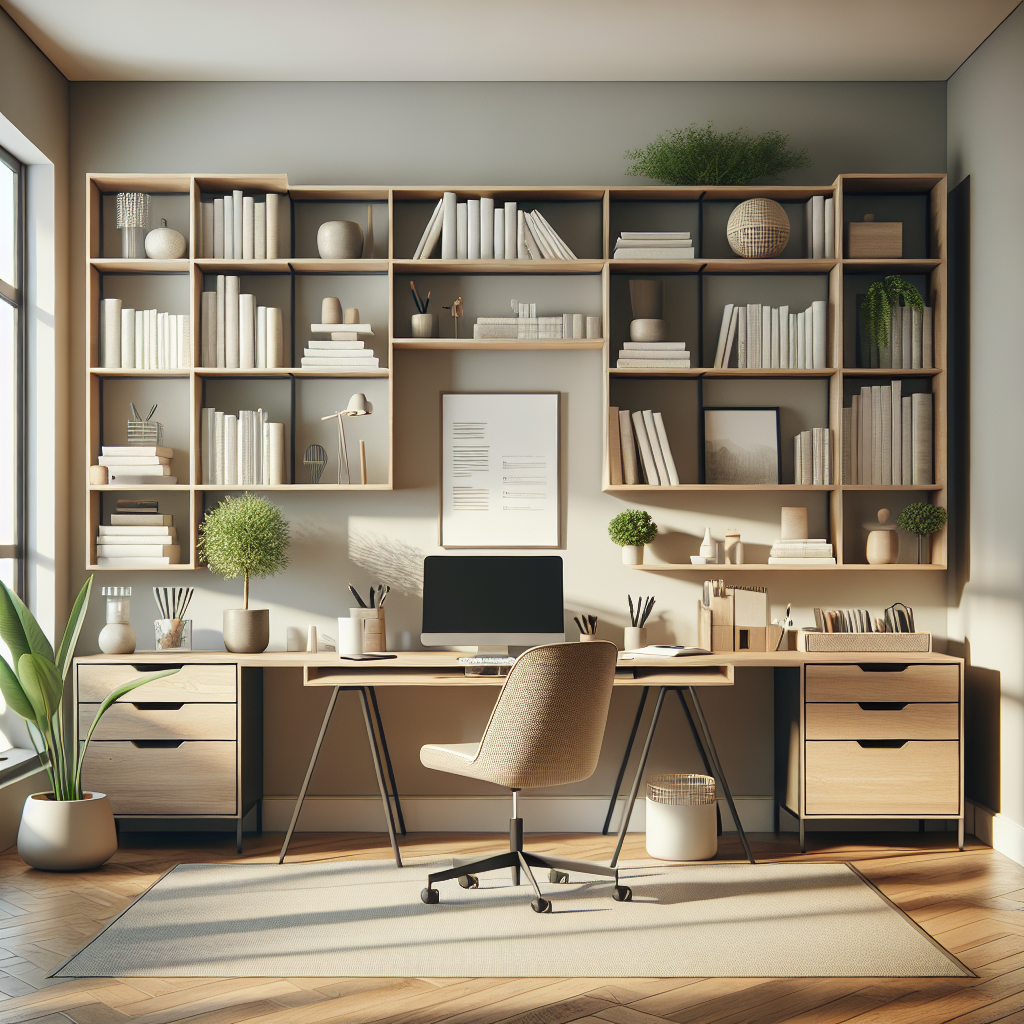 A realistic image of a well-organized, tidy home office with minimalist furniture, natural light, and a harmonious atmosphere.