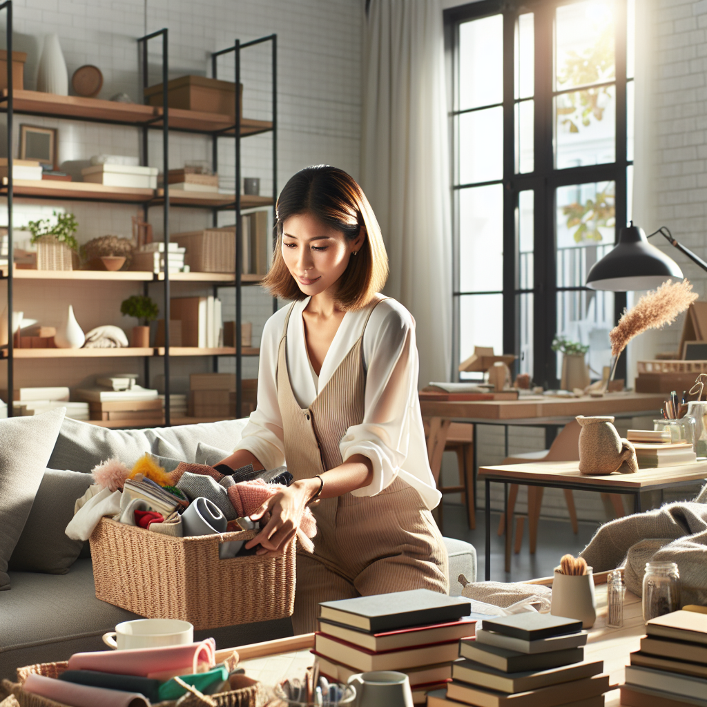 A professional organizer arranging a cluttered modern living room into an orderly space.
