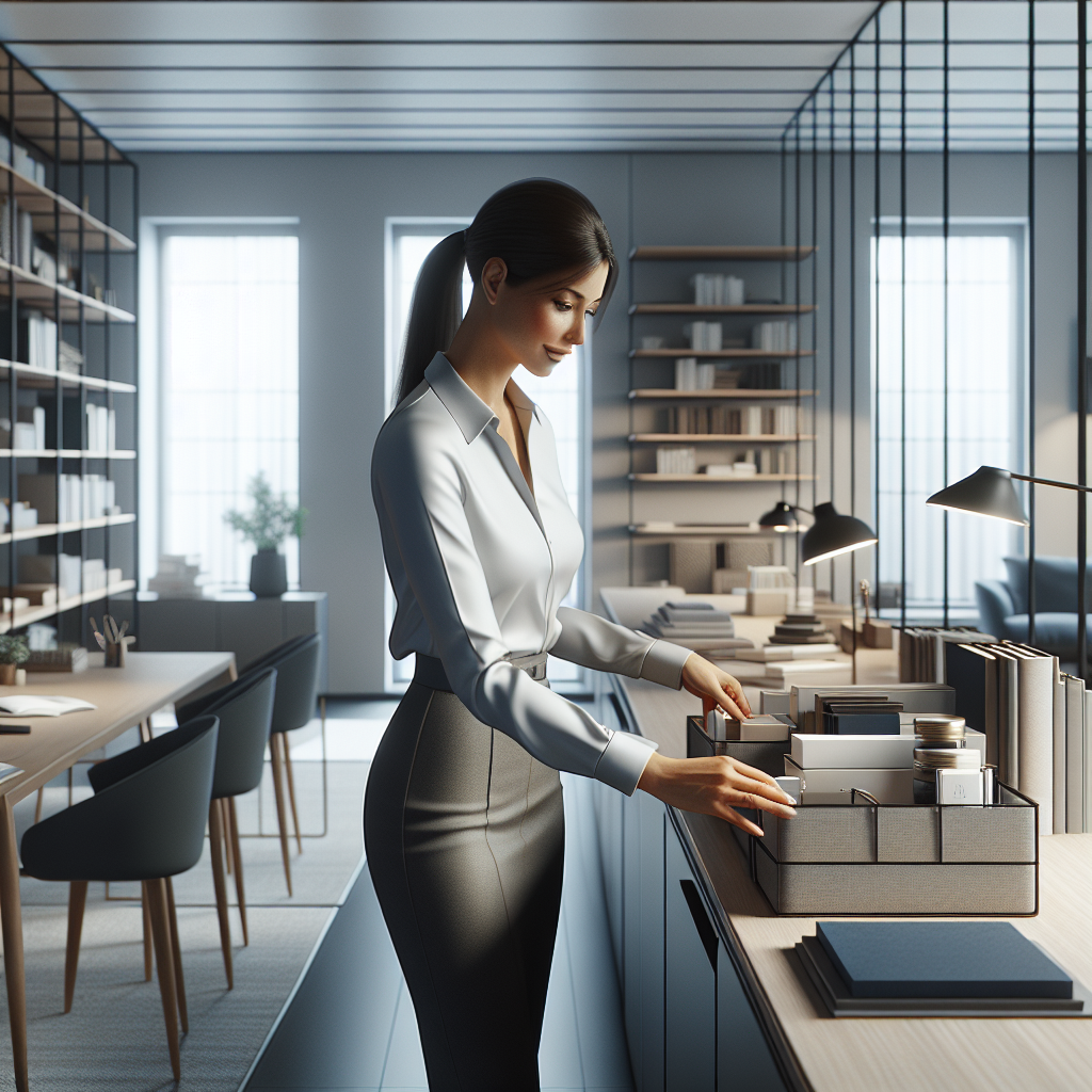 A professional organizer tidying up a modern office space.