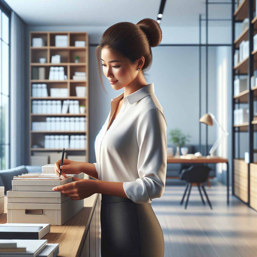 A professional organizer arranging items in a tidy, well-lit room, emphasizing cleanliness and orderliness.