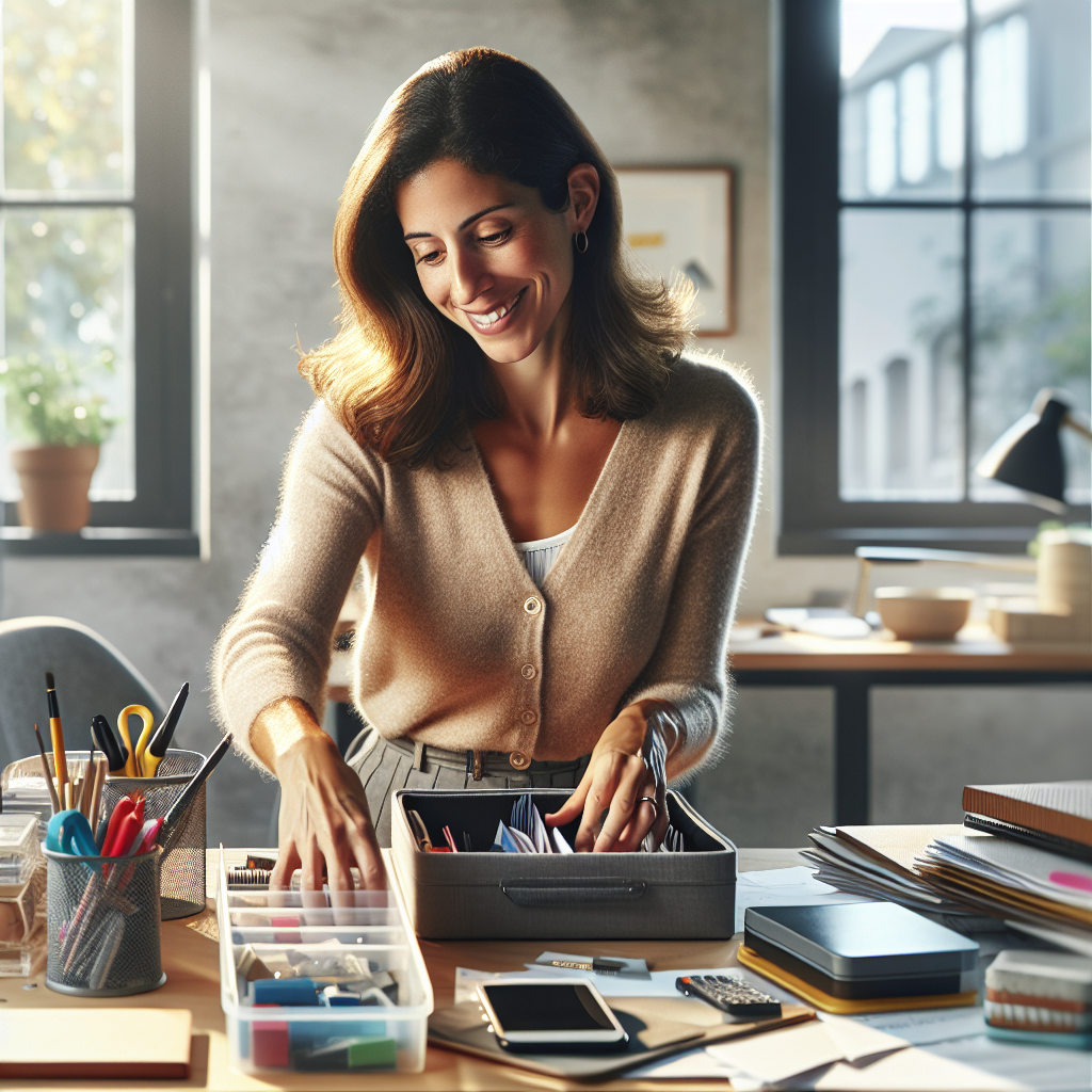 A professional organizer methodically sorting items on a modern office desk into minimalist storage solutions.