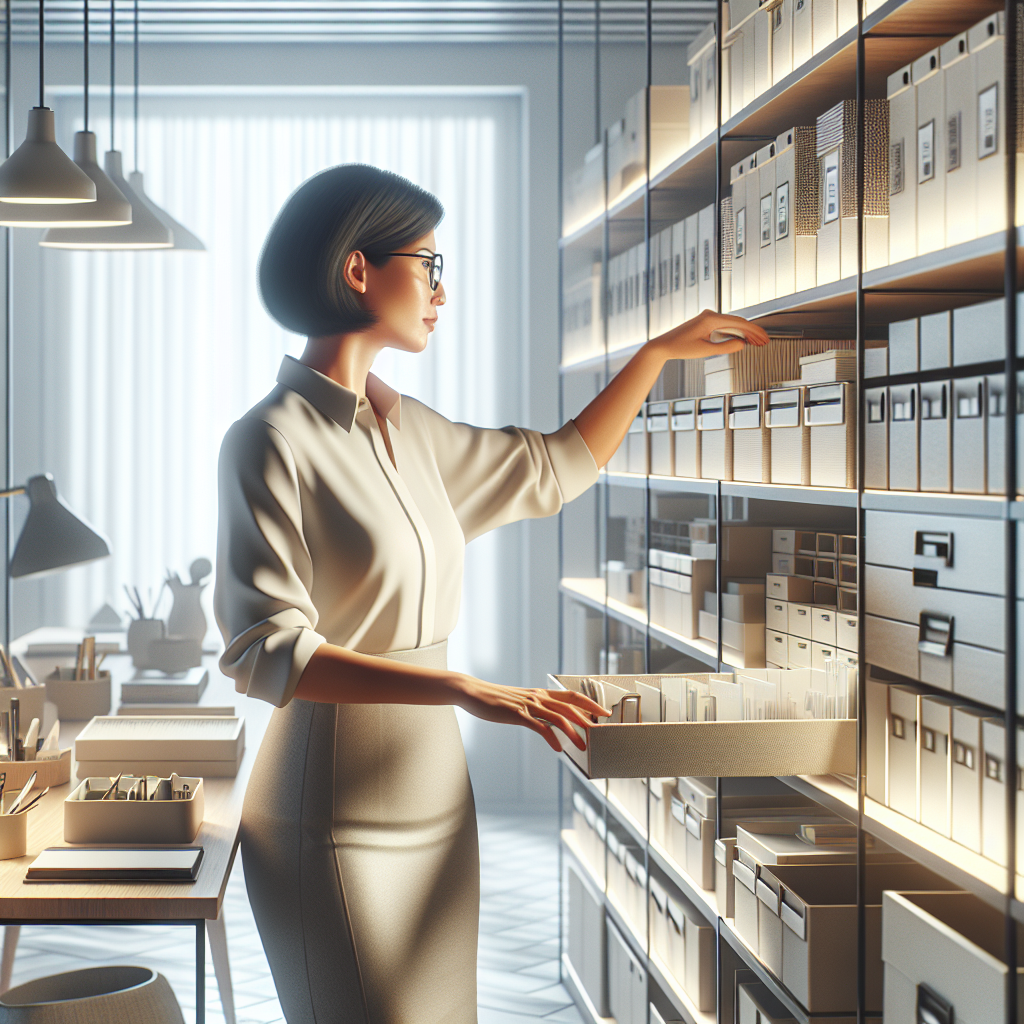 Professional organizer arranging items on a shelf in a modern, organized office space.