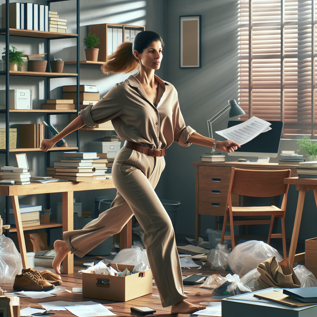 A professional organizer tidying up a cluttered home office.