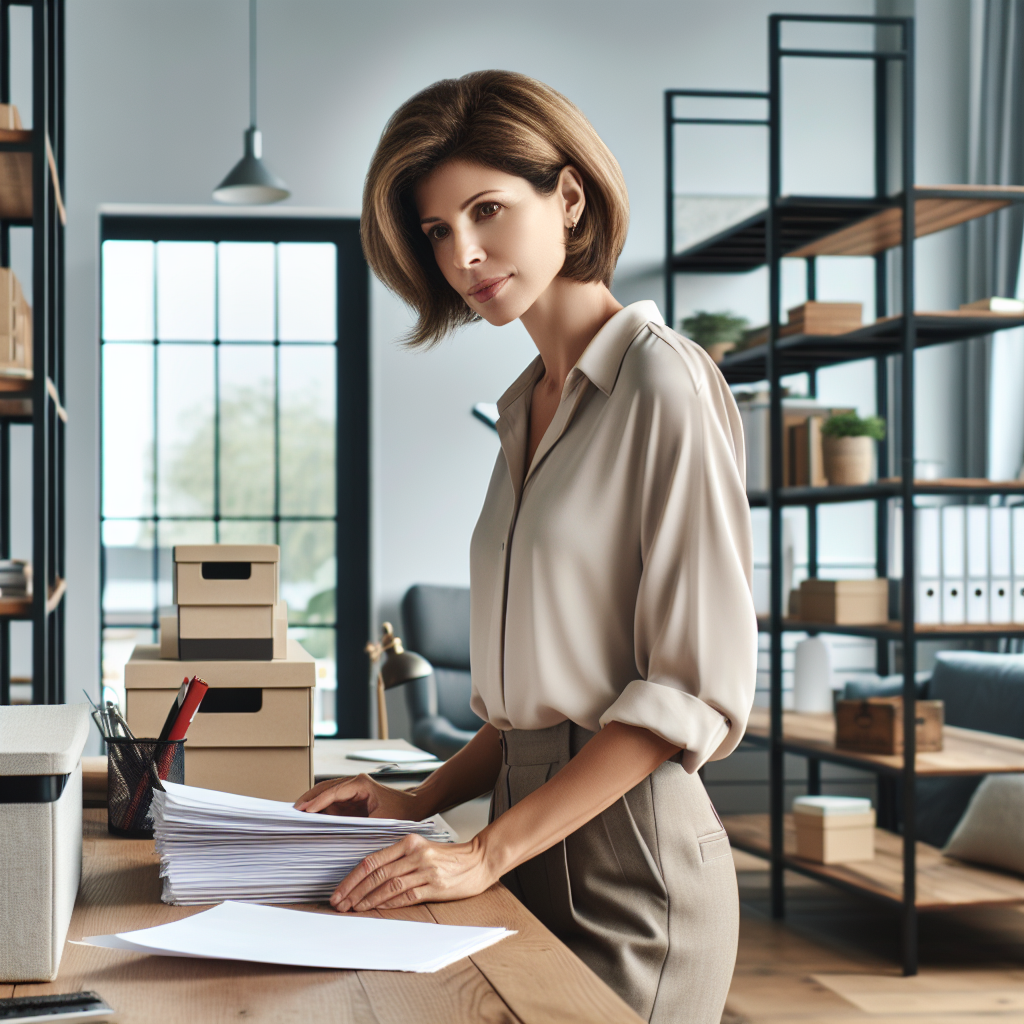 A professional organizer arranging files in a bright and orderly modern home office.