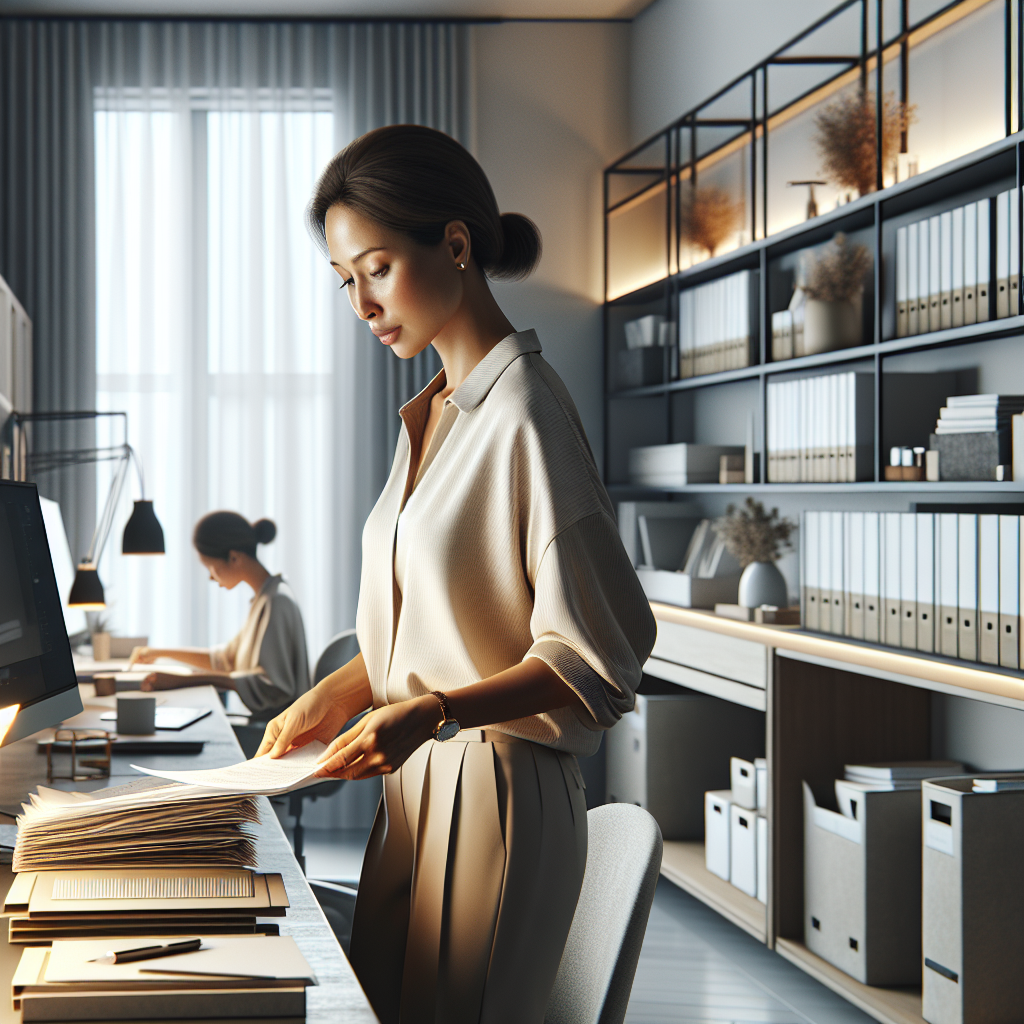 A professional organizer arranging documents in a clean, minimalist home office.