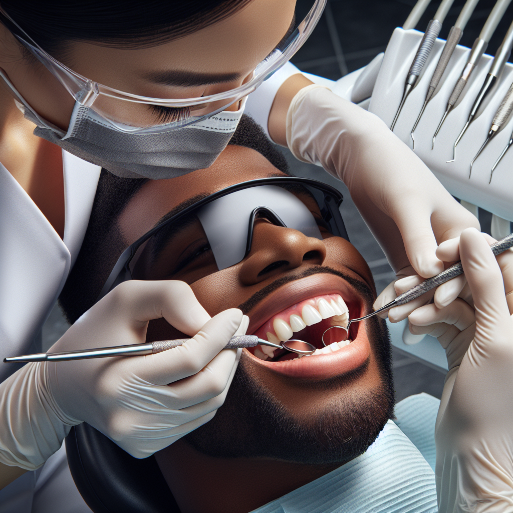 A close-up of a dental deep cleaning session with a dentist performing scaling and root planing.