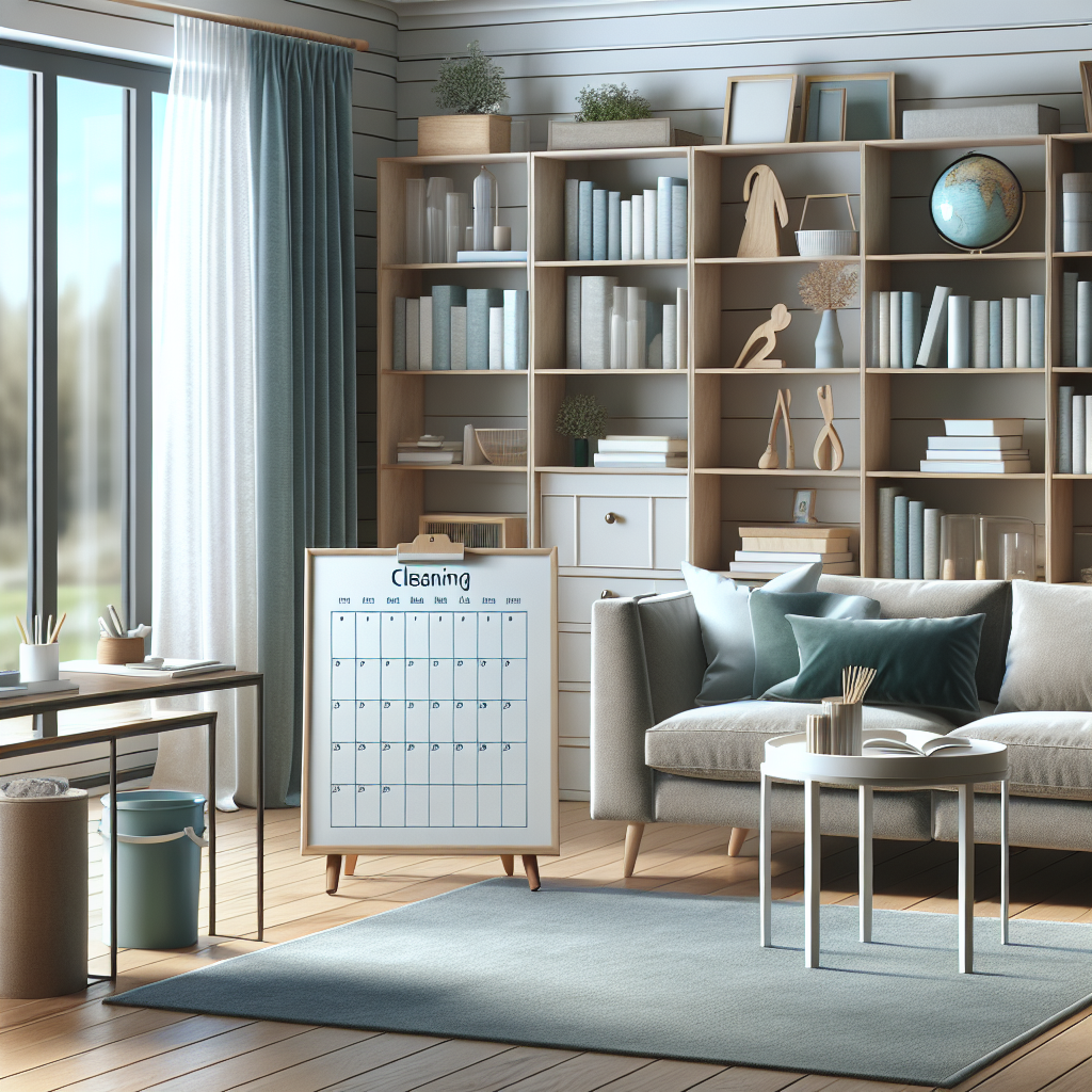A tidy and clean modern living room with a subtle calendar on a side table.