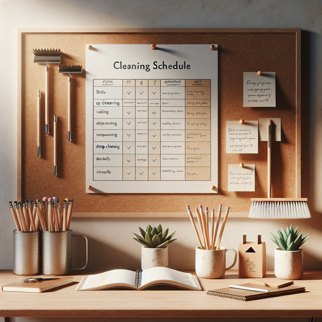 A realistic image of an organized workspace with a detailed cleaning schedule in the background and neatly arranged desk items.