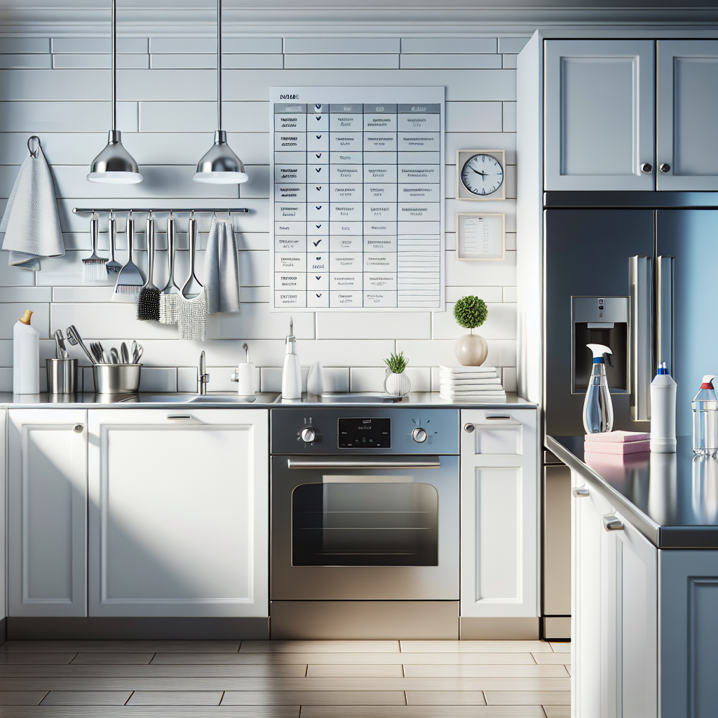 A realistic image of a clean, modern kitchen with a well-organized cleaning schedule on the countertop.
