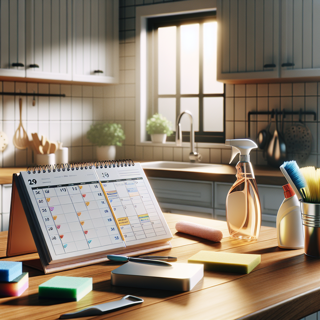 A realistic image of a tidy kitchen with a cleaning schedule on the table.