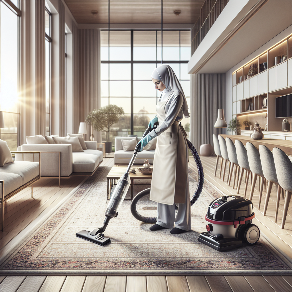 Professional cleaning service working in a modern, tidy living room.