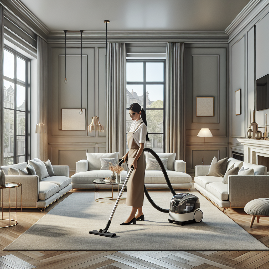 A professional cleaner vacuuming a modern, spacious living room with contemporary furniture and natural light.