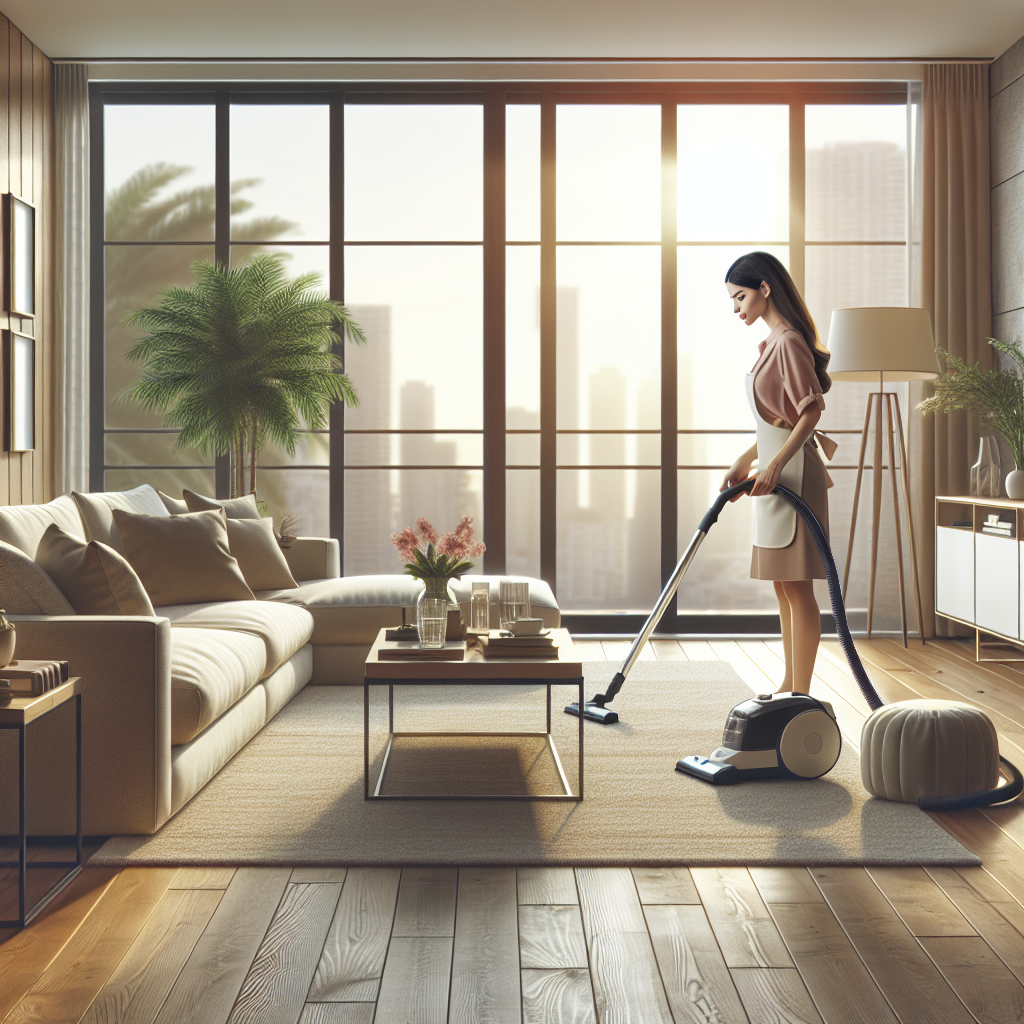 A professional cleaner vacuuming a modern, clean living room with natural sunlight.