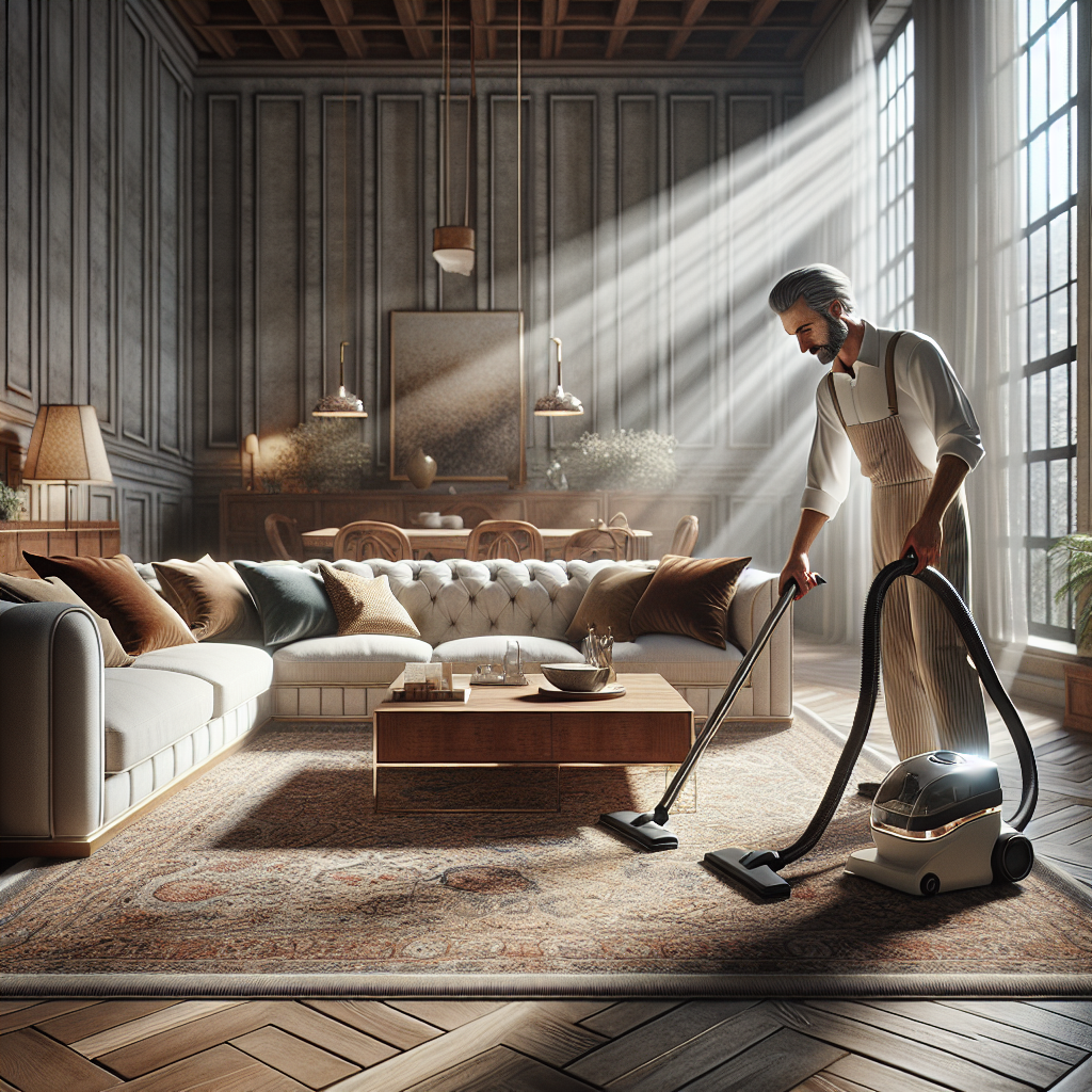 A professional cleaner vacuuming a cozy, well-kept living room with natural light streaming in.