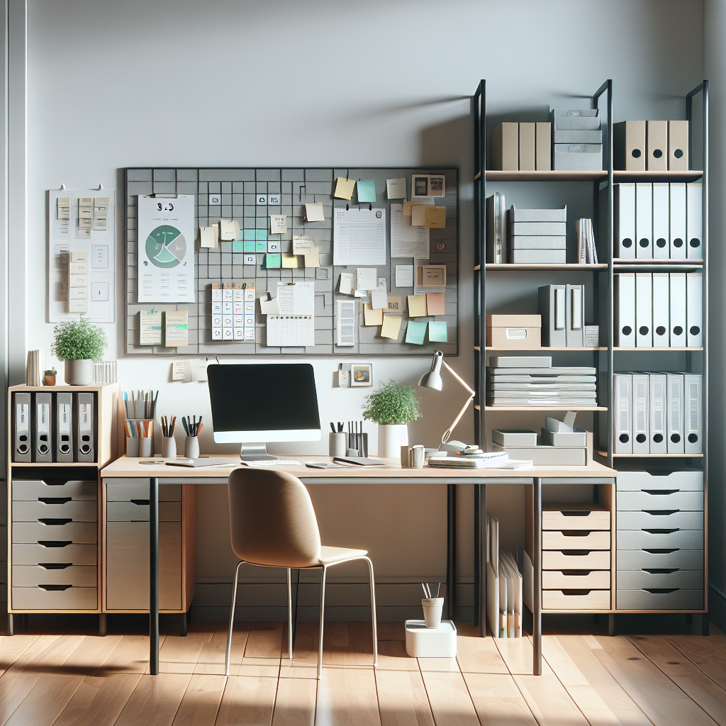 A realistic image of a well-organized office workspace, highlighting professional organizing tools and a tidy environment.