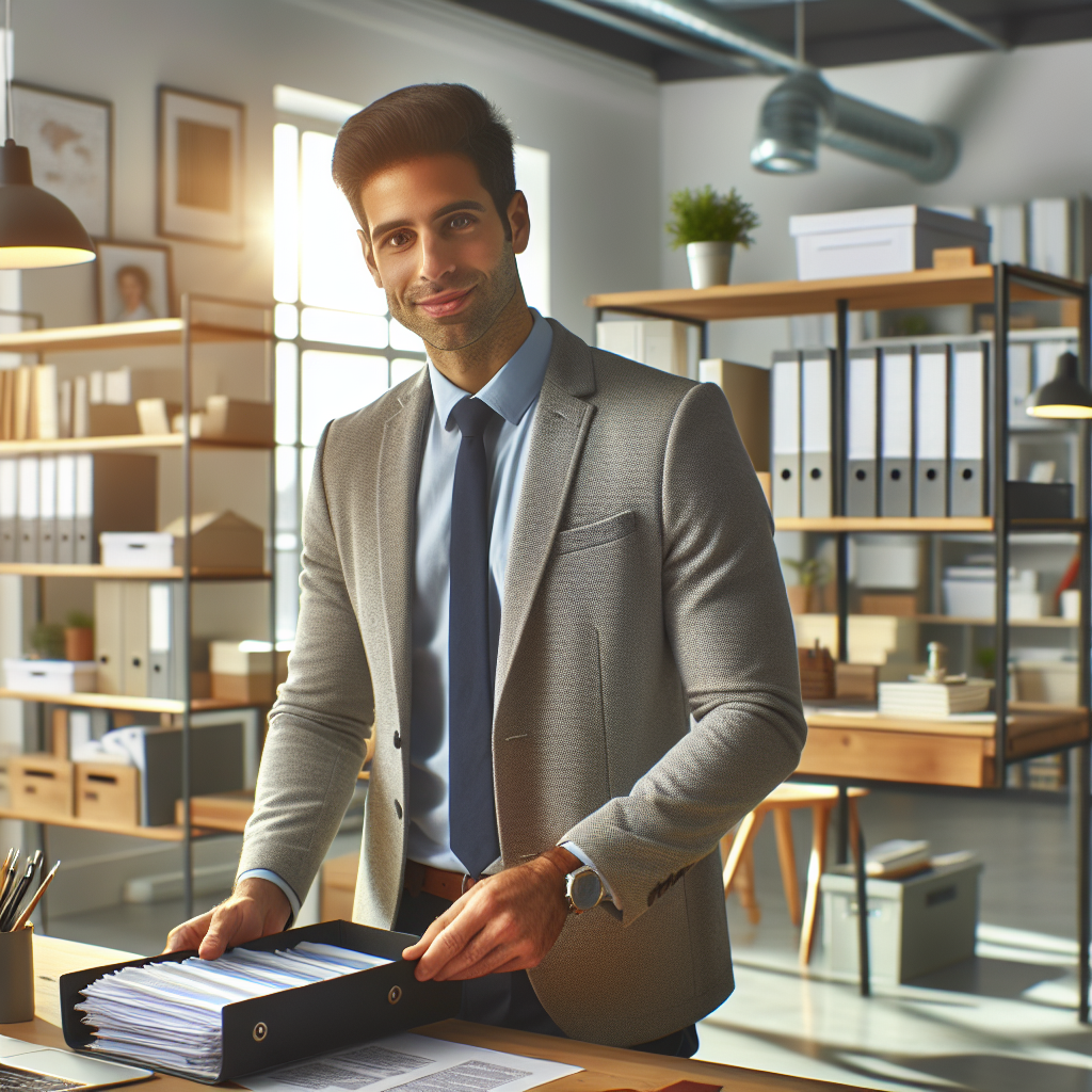 A professional organiser in a modern, organized office sorting through documents.