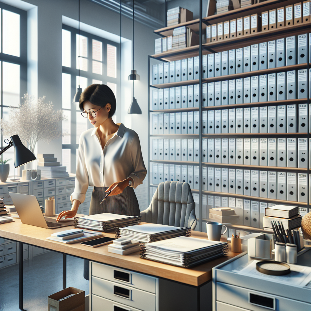 A professional organizer in a modern, orderly office space sorting files on a neat desk.