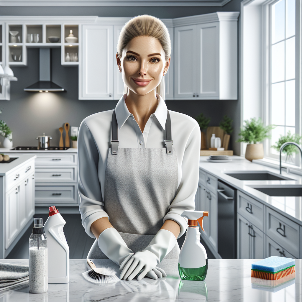 Professional house cleaner in a modern, clean, and organized kitchen.