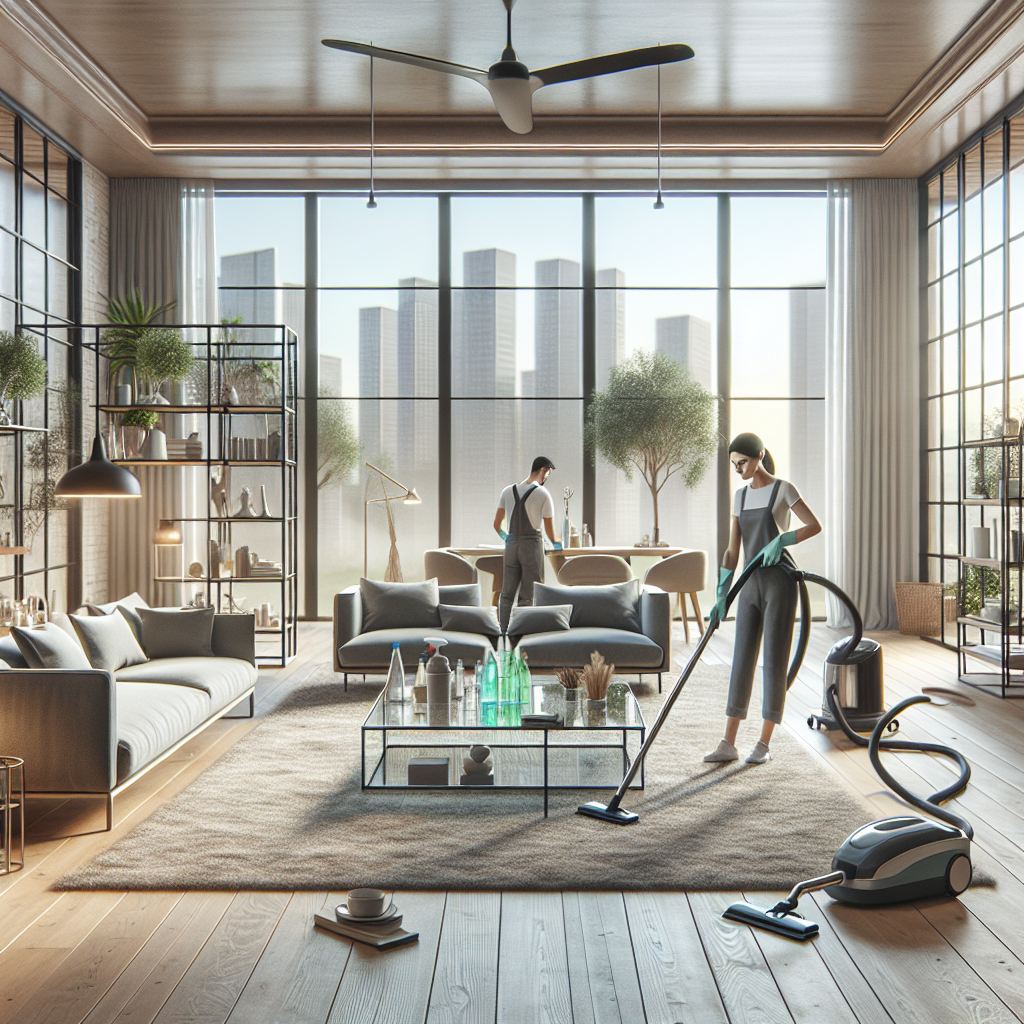 Professional cleaners working in a modern, well-lit, and organized living room.