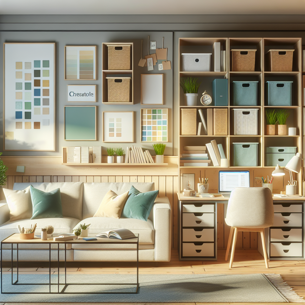 A well-organized ADHD-friendly living room with neatly arranged furniture, labeled storage bins, and a calming color palette.