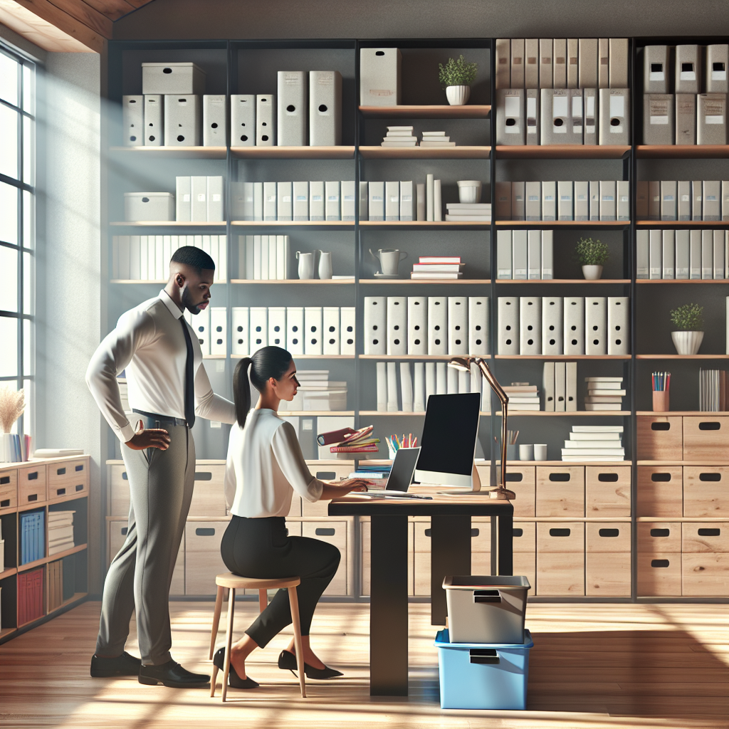 A professional organizer helping an individual arrange items in a tidy home office.
