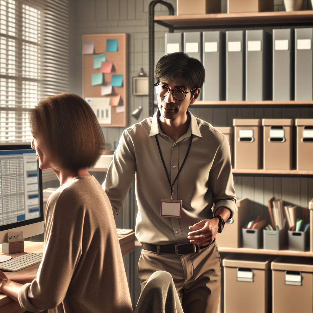 A professional organizer assisting a man with ADHD in organizing a home office.