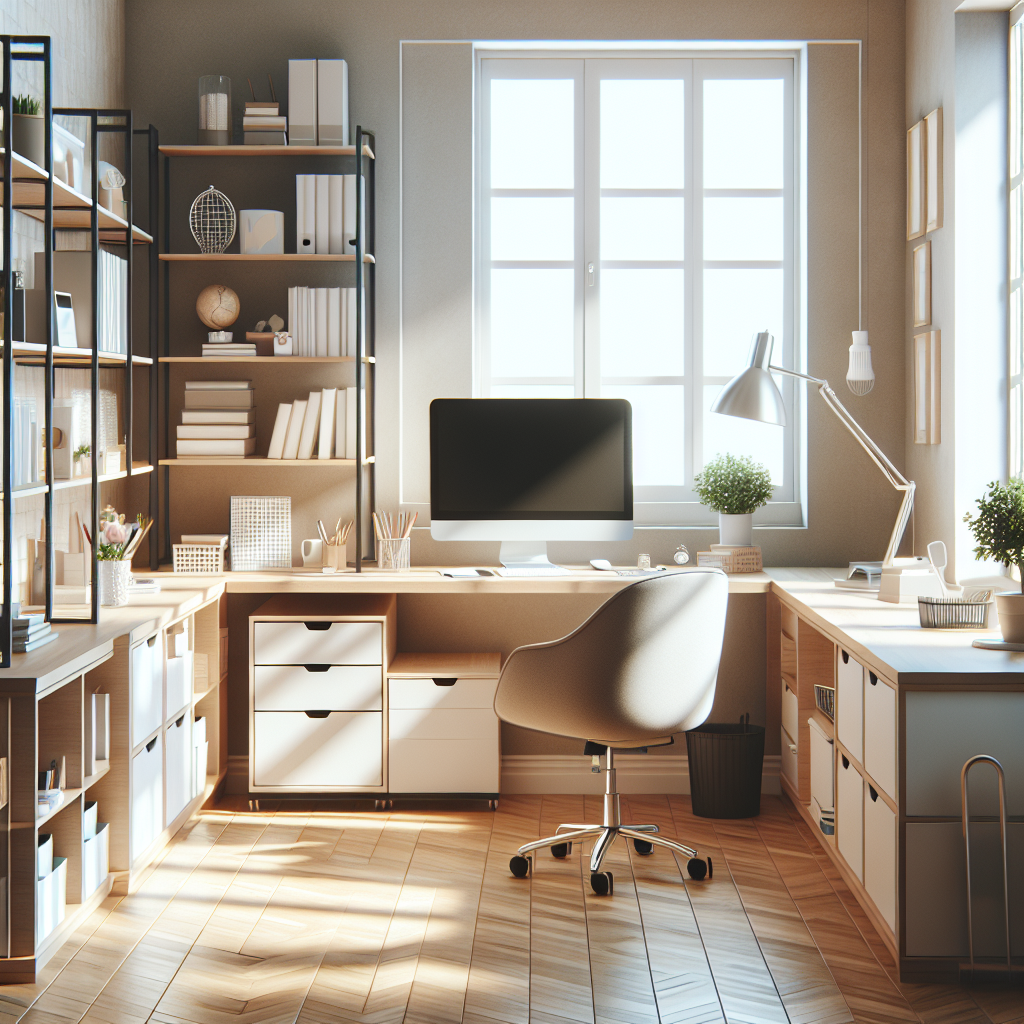 A realistic depiction of a well-organized home office with a neat desk, organized shelves, and natural lighting.