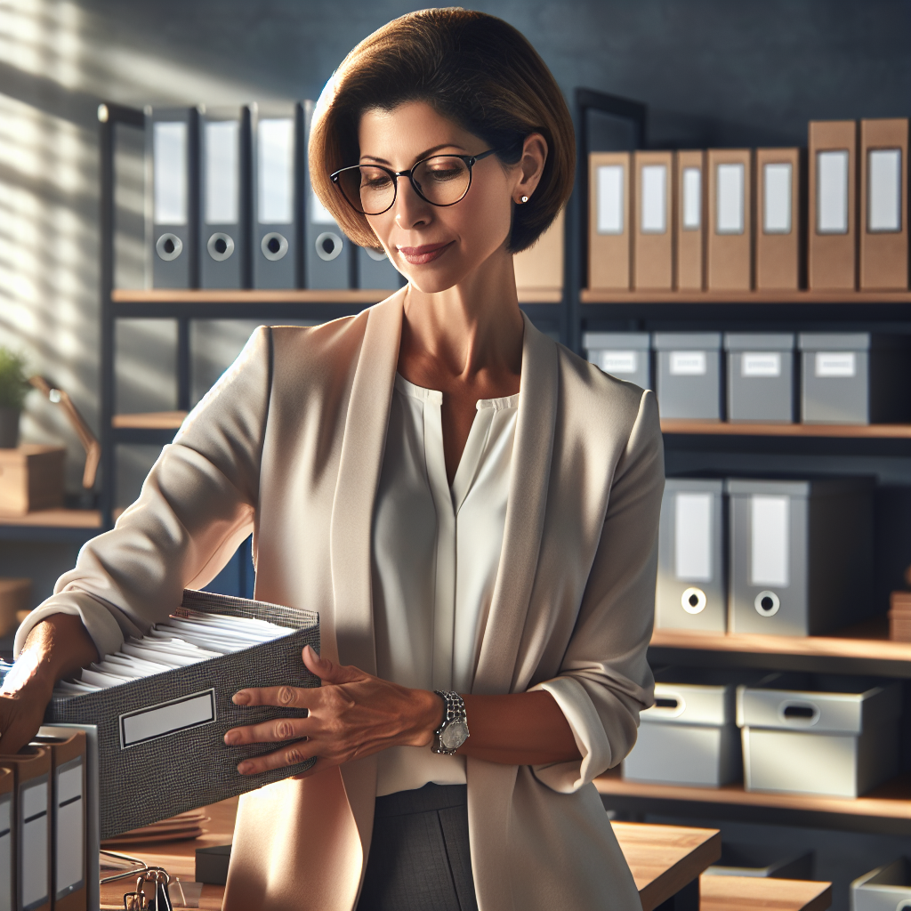 A professional organizer arranging files in a well-organized office.