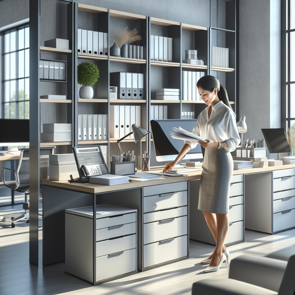 A professional organizer arranging documents in a modern, sleek office space with natural light.