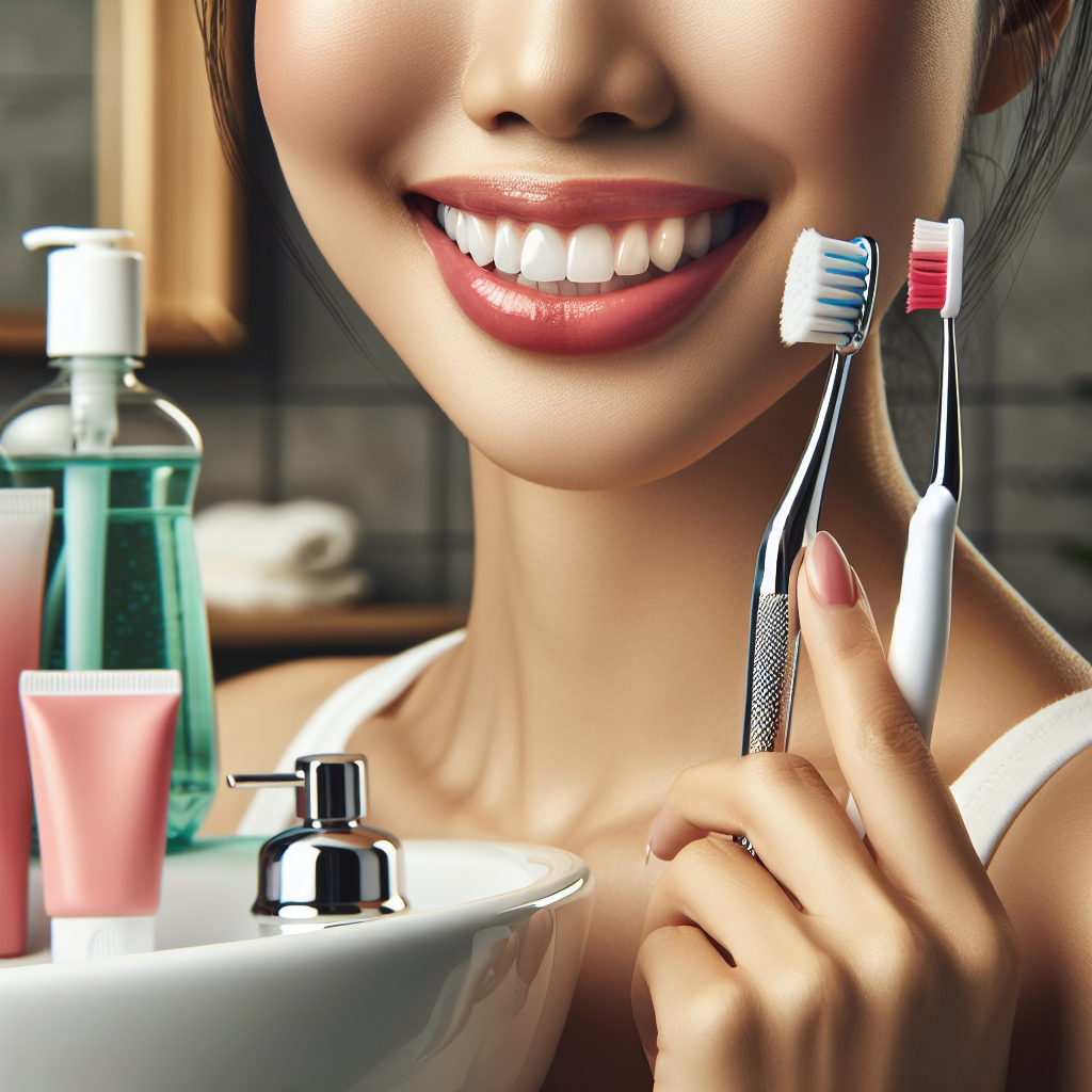 Close-up of someone performing deep dental cleaning at home, holding a toothbrush and dental scaler next to a bathroom sink with dental care products in the background.