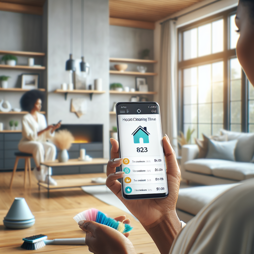 A person using a house cleaning time estimator app on a smartphone in a clean, organized living room.