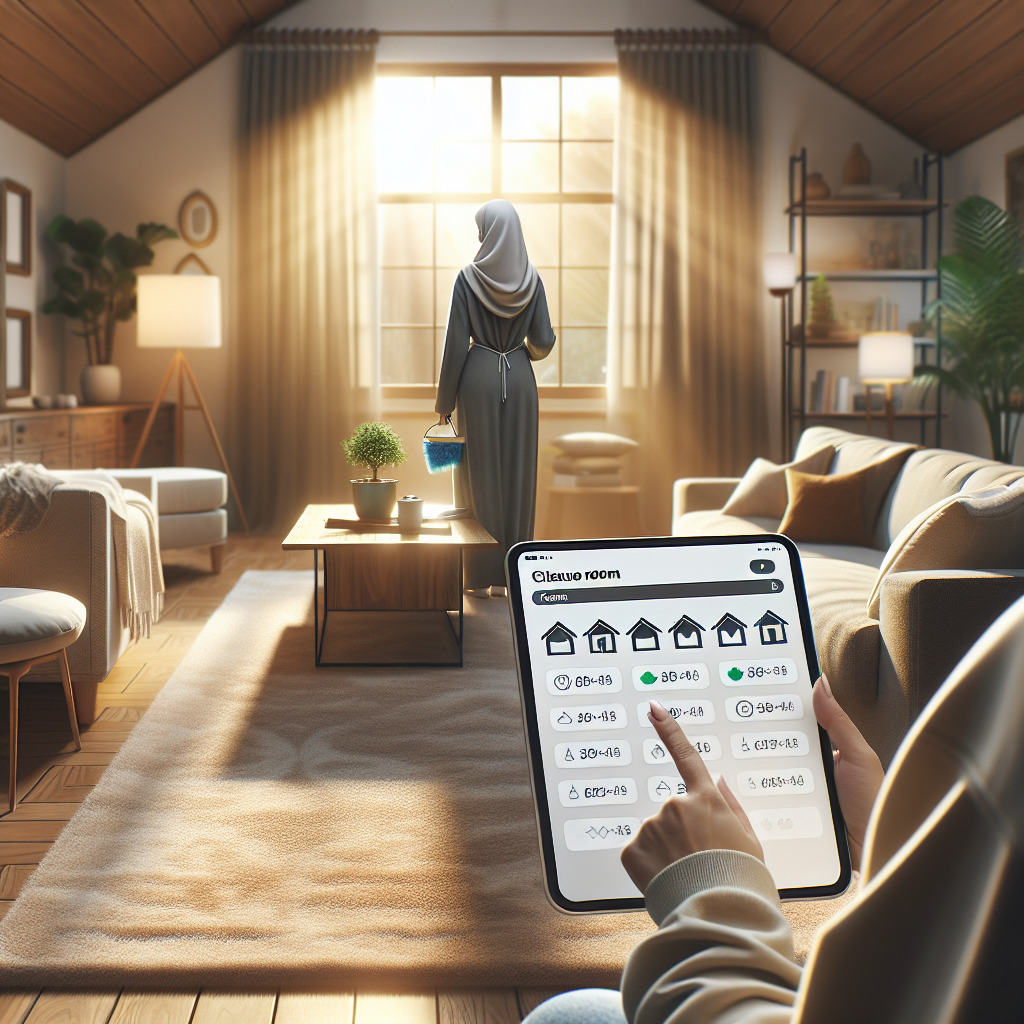 A person using a house cleaning time estimator on a tablet in a clean, cozy living room.