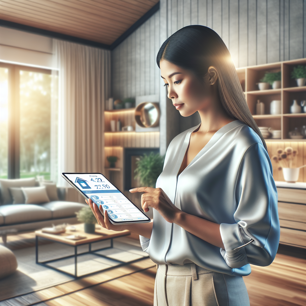 A realistic portrayal of a person using a house cleaning time estimator on a tablet in a modern, clean home.