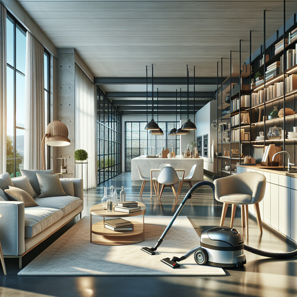 A modern, clean living room with a vacuum cleaner in use, portraying an efficient and neat home environment.