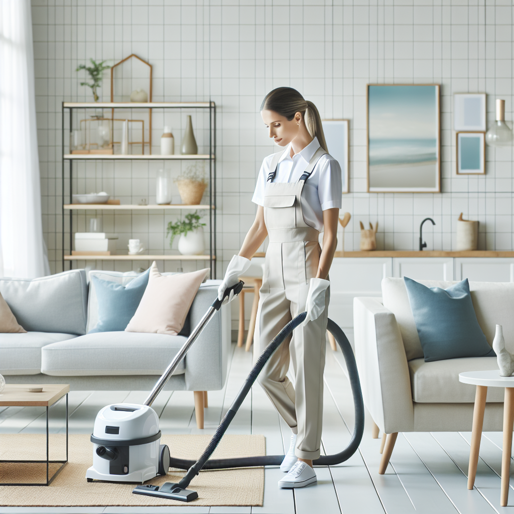 A professional cleaner tidying up a modern, spotless living room.