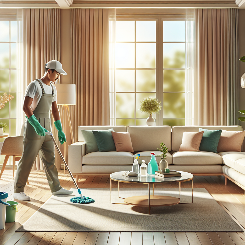 A realistic image of a tidy living room being professionally cleaned by a housekeeping service.