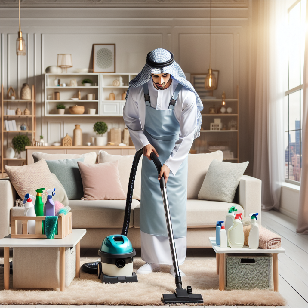 A professional cleaner vacuuming a tidy and modern living room.