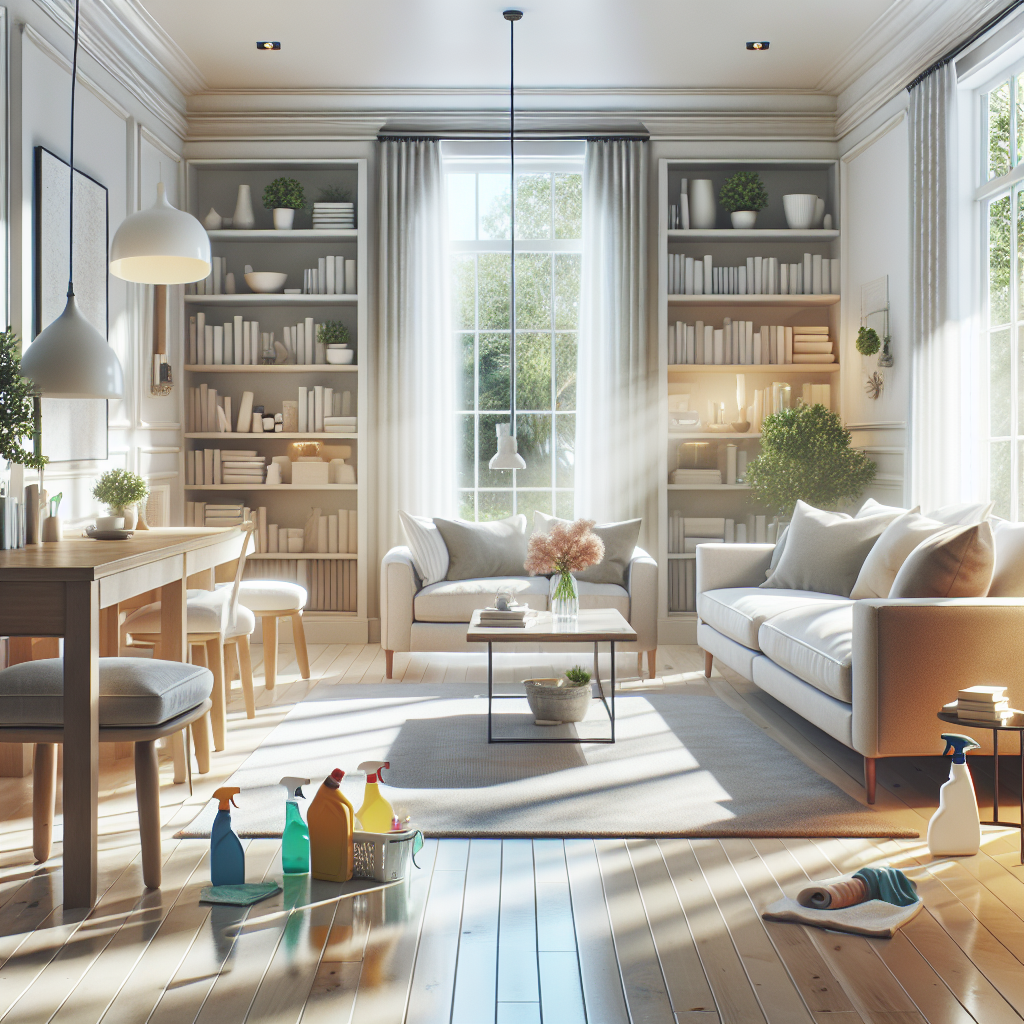 A meticulously clean, bright, and inviting living room post-deep cleaning.