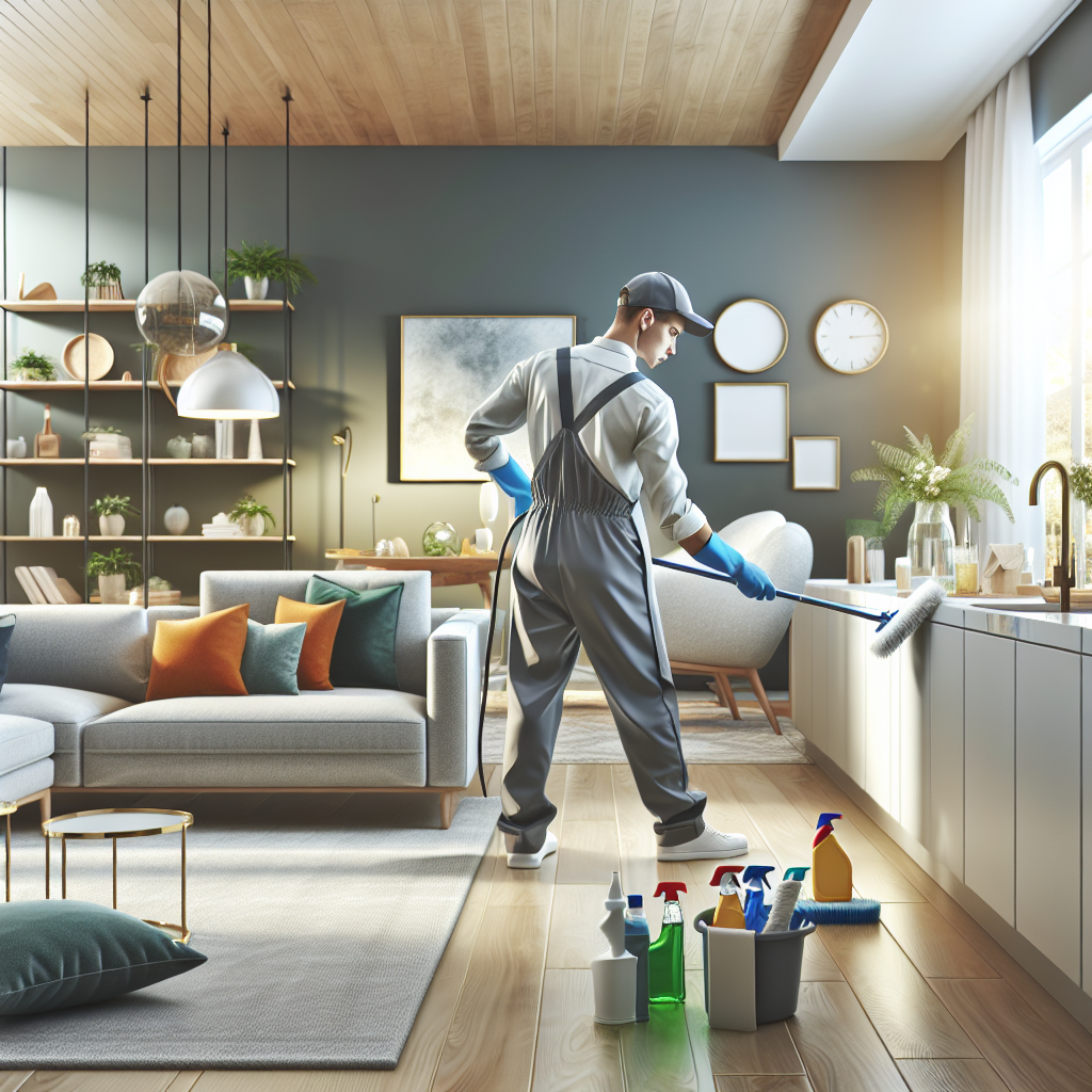 A professional cleaner deep cleaning a modern living room with natural lighting.
