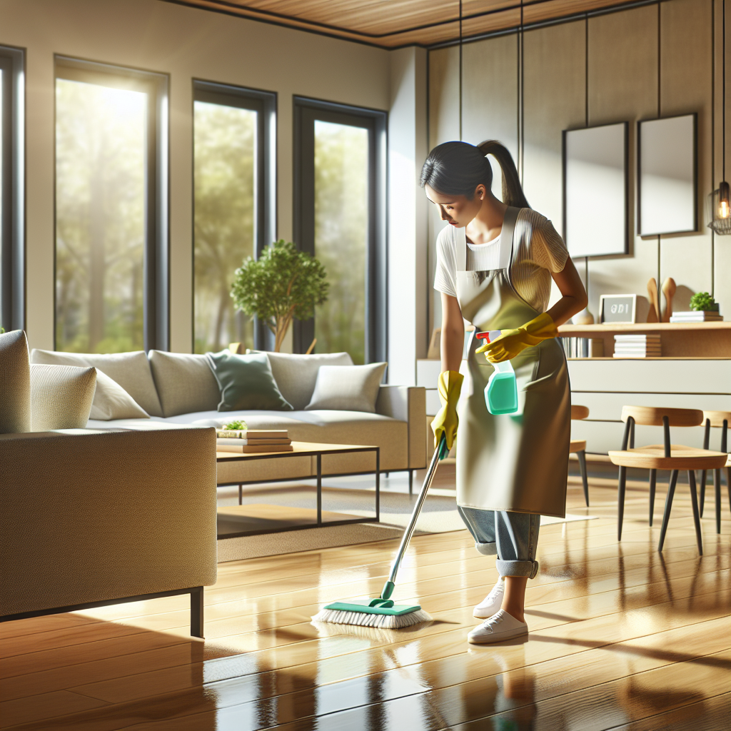 A person deep cleaning a modern living room using eco-friendly products.