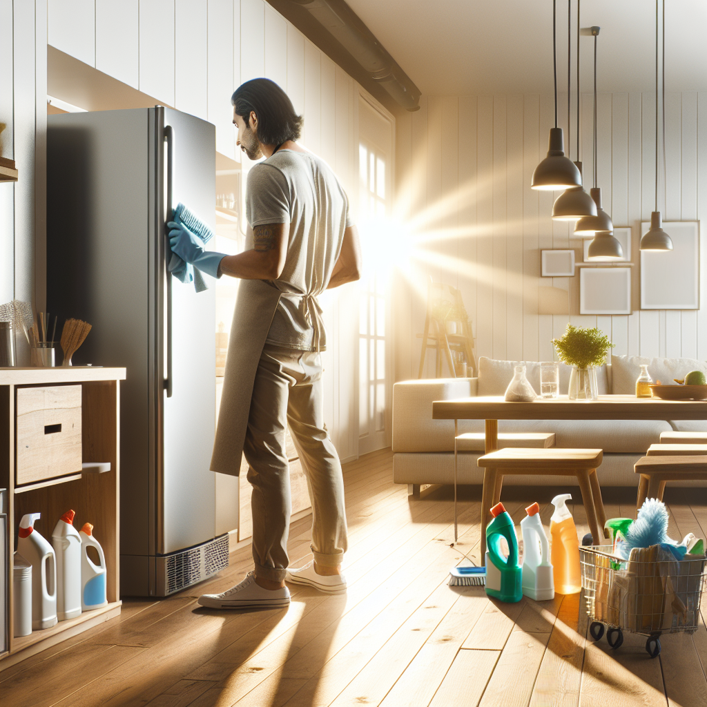 A person meticulously deep cleaning behind a refrigerator in a tidy, sunlit room using eco-friendly products.