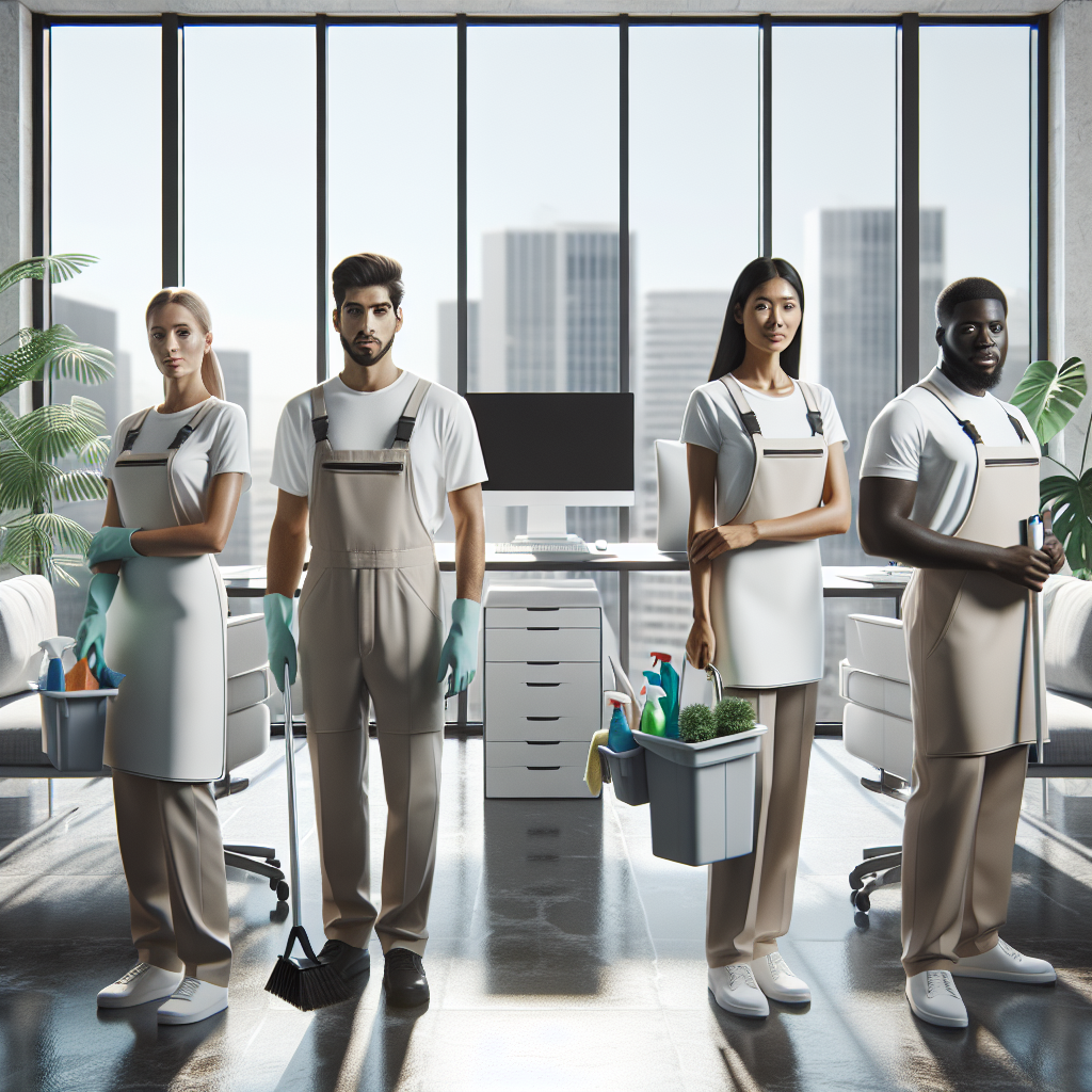 Professional cleaning team working in a modern, well-lit office space.
