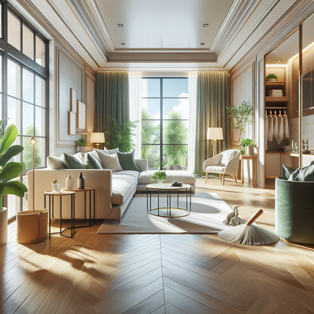 A pristine residential living room with spotless floors, shining windows, and elegant decor, emphasizing cleanliness and eco-friendly elements.