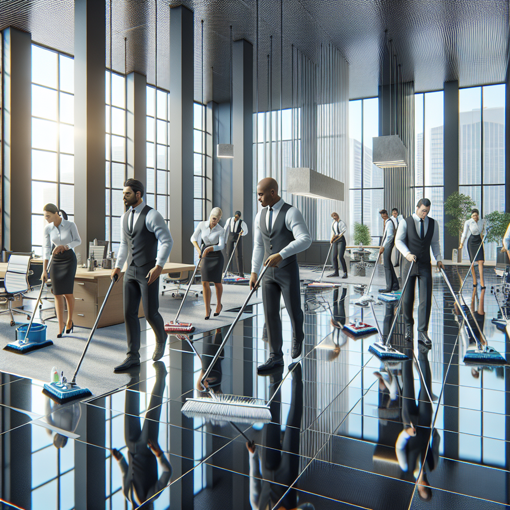 A professional cleaning team working in a modern, clean office space with eco-friendly equipment.