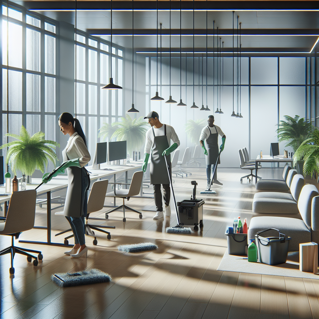 Cleaning staff professionally cleaning a modern, sleek, and organized commercial office space.