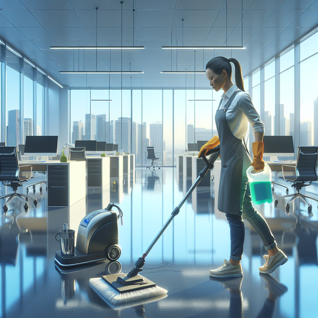 A janitor cleaning a modern office space with advanced equipment and eco-friendly products.