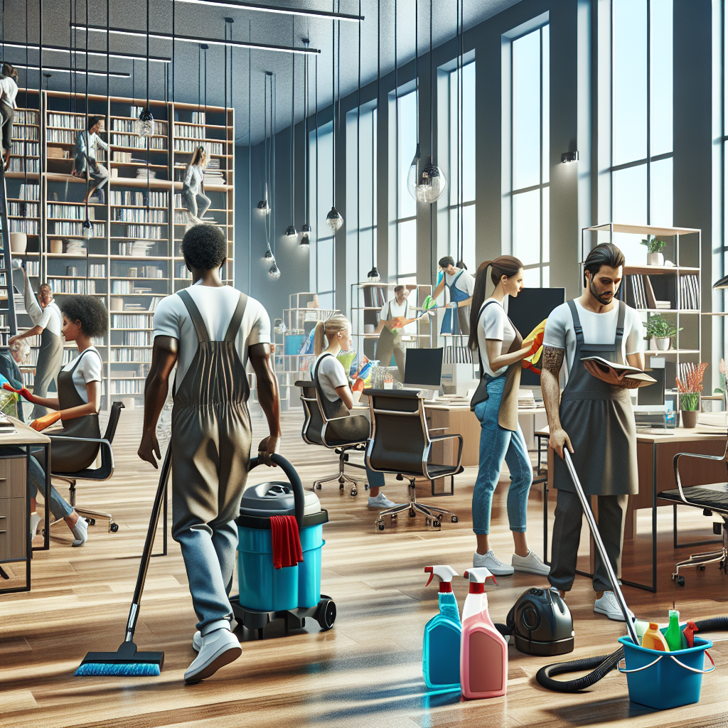 A team of professional cleaners working diligently in a modern office space, using eco-friendly products and advanced tools to ensure a pristine environment.