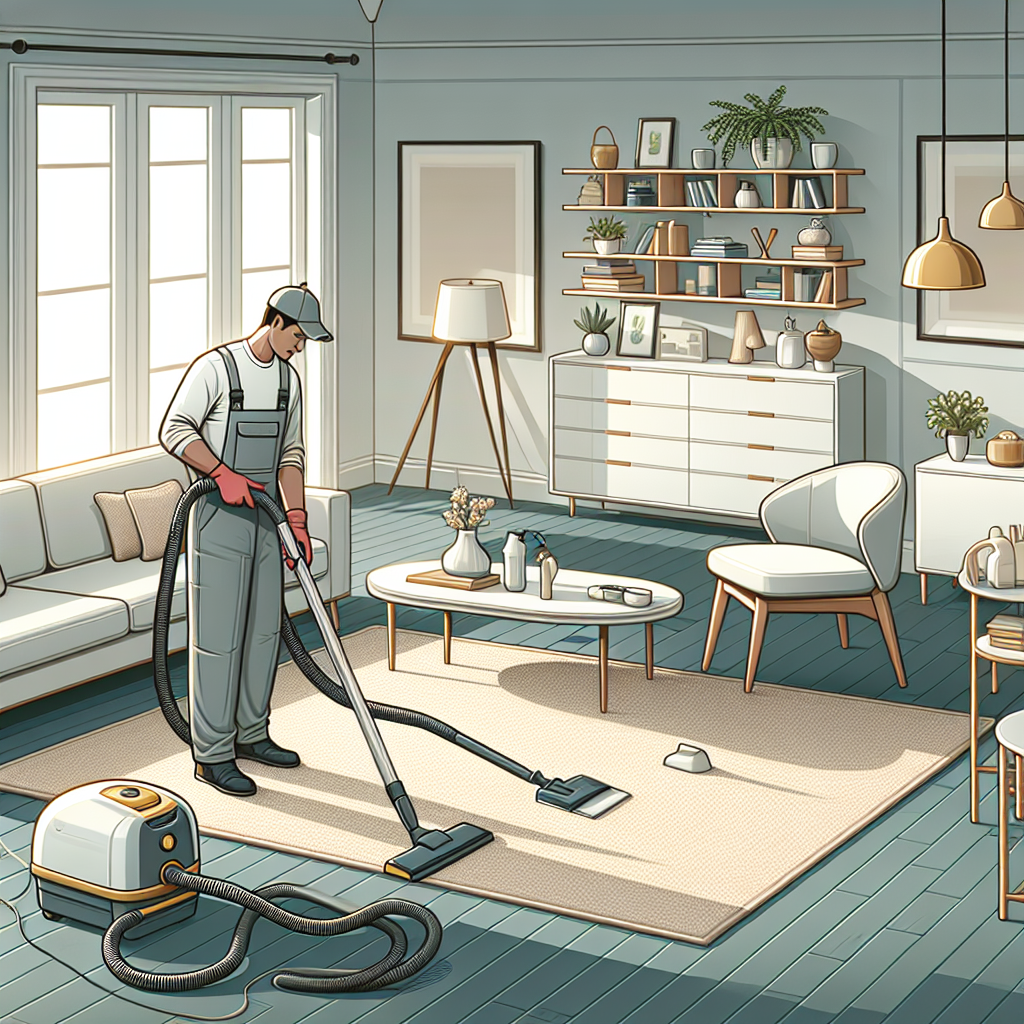 Professional cleaners working in a modern, well-furnished living room.